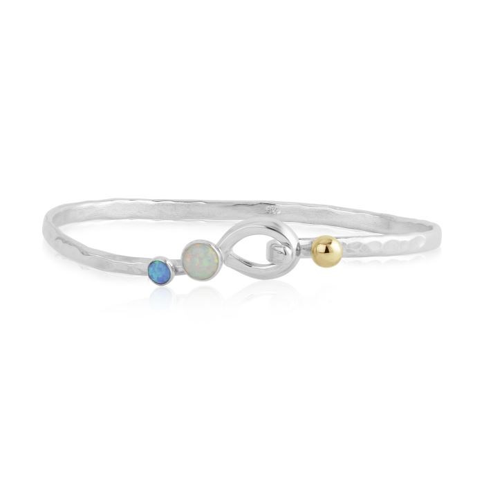 Sterling Silver Hammered Bangle with Gold Bead and Opals | Image 1