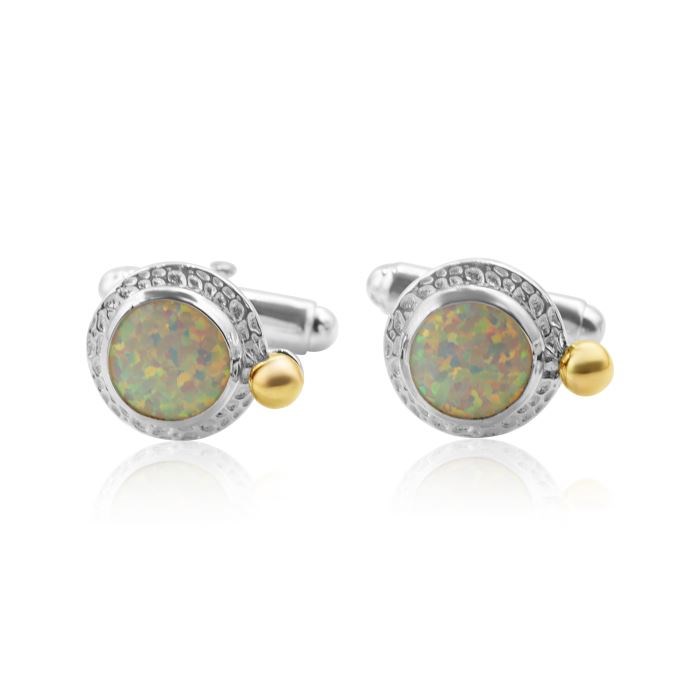 Hammered Silver Cufflinks with White Opal Stones | Image 1
