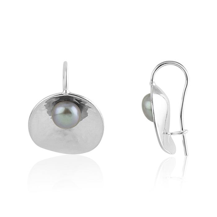 Large Grey Pearl Silver Oyster Drop Earrings | Image 1