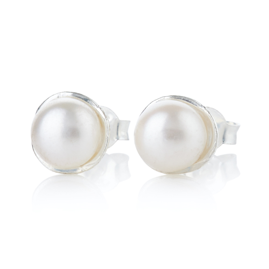 Silver and White Pearl Stud Earrings | Image 1