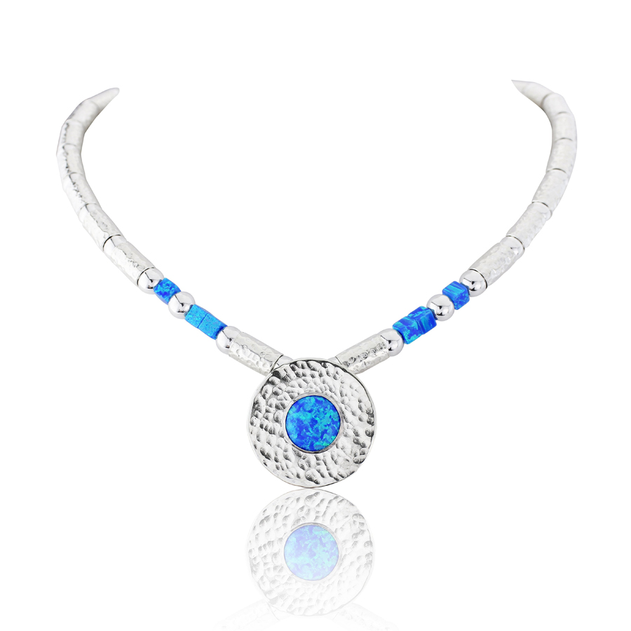 Large Hammed Silver Blue Opal Necklace  | Image 1