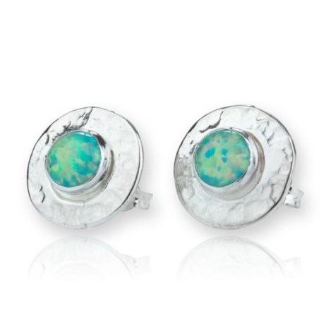 Round Hammered Silver Opal Stud Earrings | Image 1