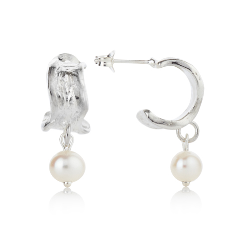 Silver Hoop Earrings with Pearls | Image 1