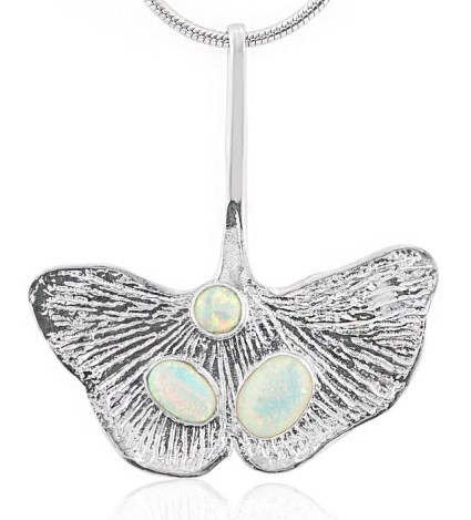 Silver Ginkgo leaf Pendant with White Opals | Image 1