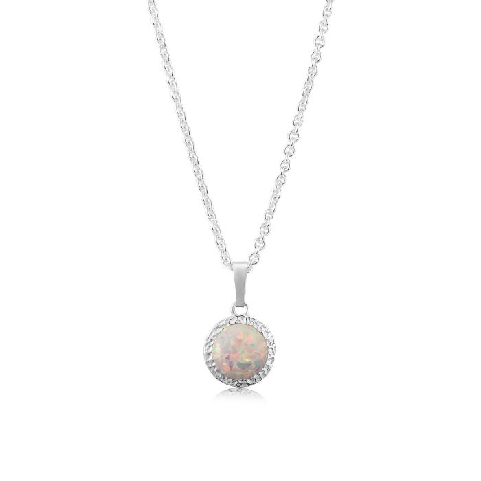 8mm White Opal Silver Hammered Pendant | Image 1